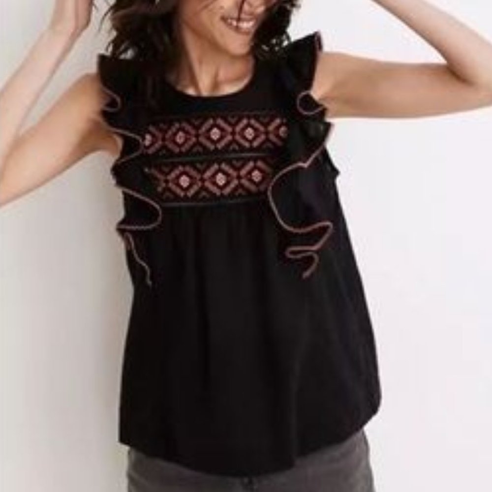 NWT Madewell Embroidered Ruffle Shoulder Tank Top